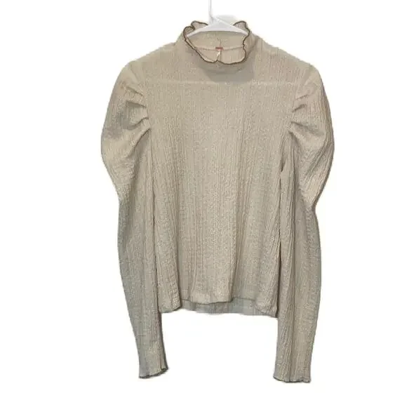 Free People Ela Mock Neck Ruffled Sheer Ruffle Puff Sleeve Blouse Size M - Picture 1 of 9